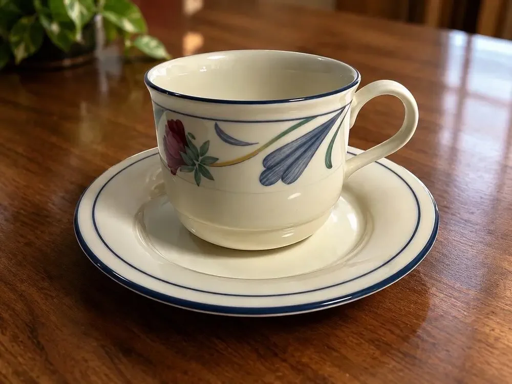 Lenox Poppies on Blue Flat Cup & Saucer Set Floral Blue Discontinued USA/France